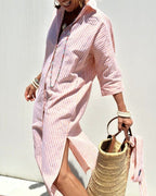 Women's striped midi shirt dress with button front closure, relaxed casual summer fit