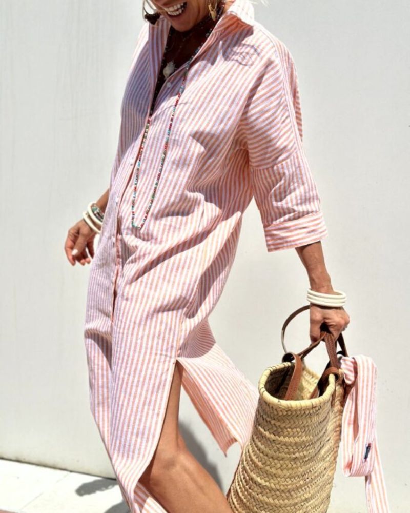 Women's striped midi shirt dress with button front closure, relaxed casual summer fit
