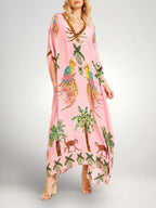 Tropical print dress drop shoulder coconut tree print loose fit vacation resort wear