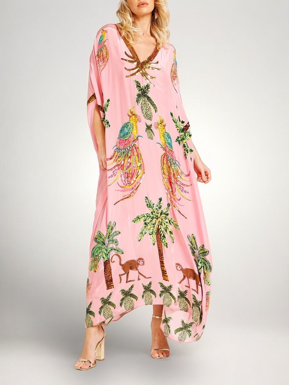 Tropical print dress drop shoulder coconut tree print loose fit vacation resort wear