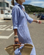 Women's striped midi shirt dress with button front closure, relaxed casual summer fit
