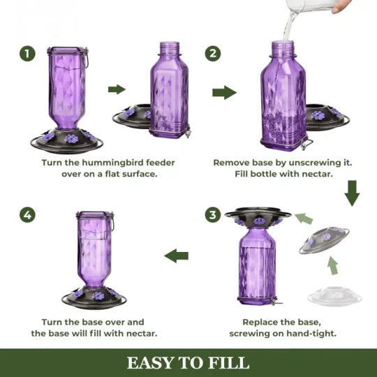 Glass hummingbird feeder 24oz leak-proof with 6 flower-shaped feeding ports and perches