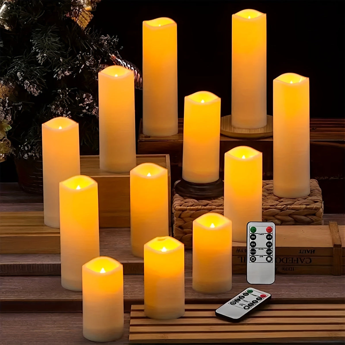 LED flameless candles ivory set of 12 with remote control and timer, waterproof