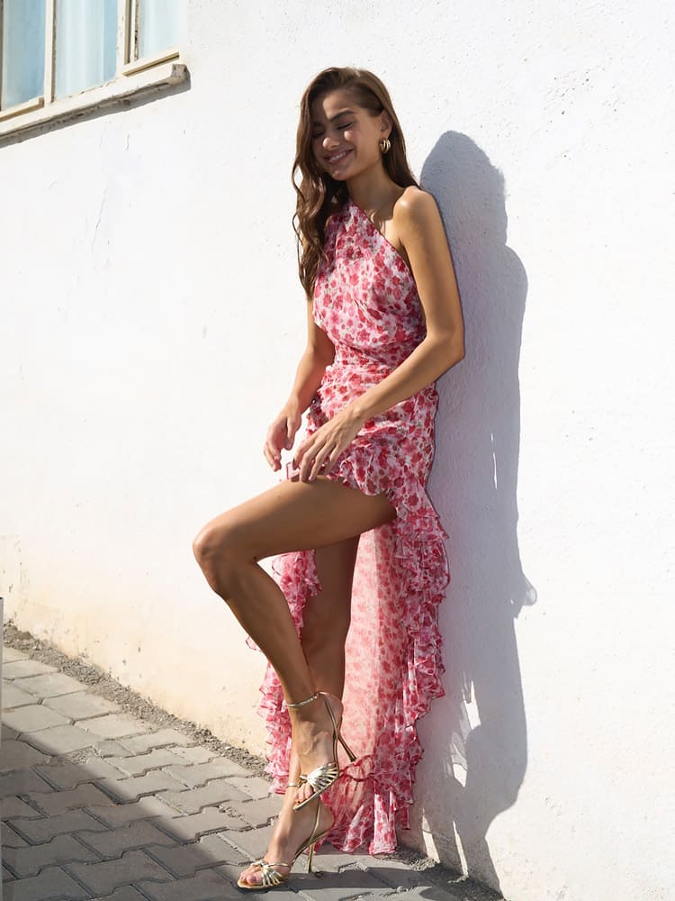 One shoulder floral dress pink with high leg slit and high-low hem, summer style