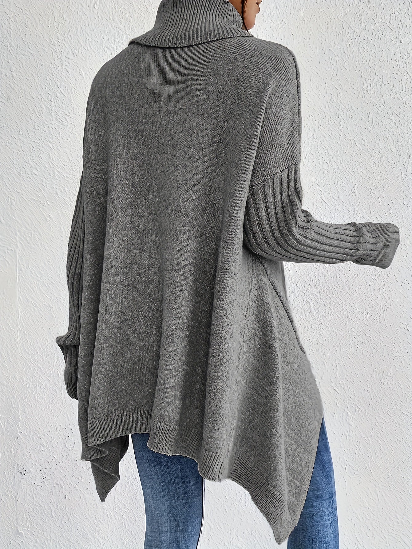 Women knit sweater high neck asymmetric hem relaxed fit