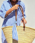 Women's striped midi shirt dress with button front closure, relaxed casual summer fit