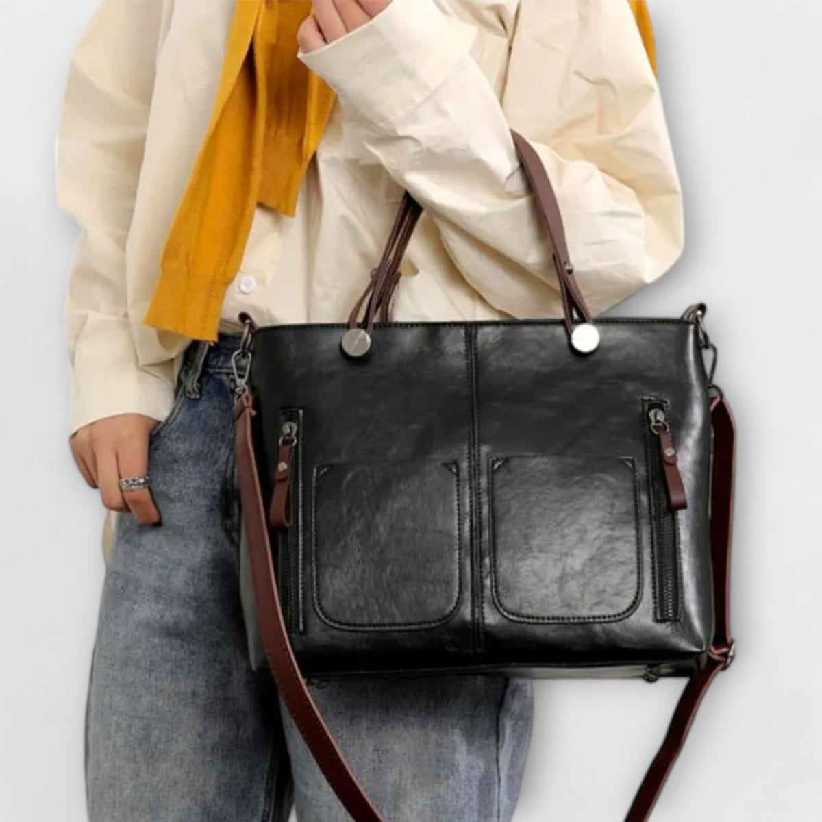 Women leather tote bag spacious in brown black and gray