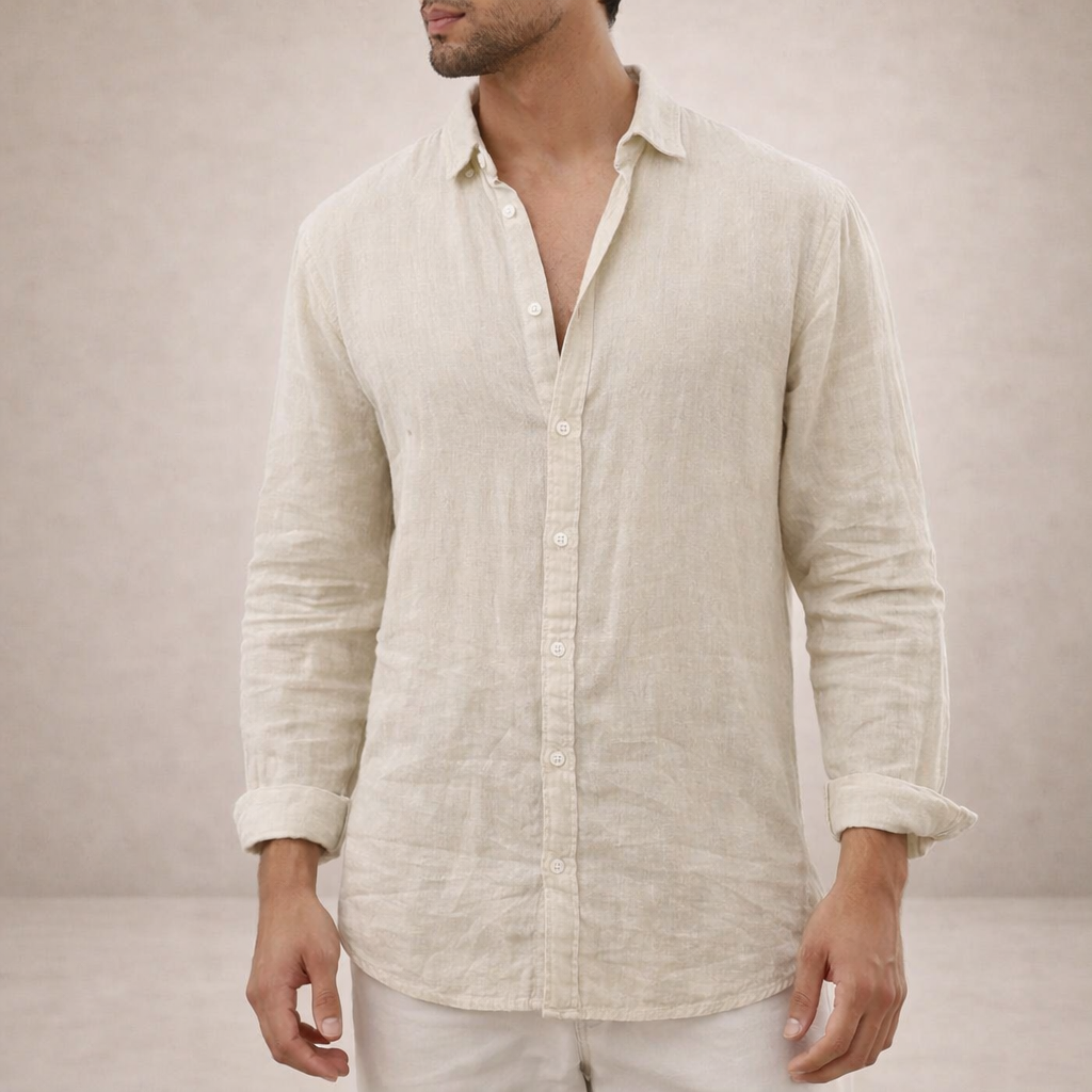 Men's linen shirt casual breathable long sleeve open collar
