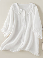 Women's lightweight ruffle collar blouse with button-front closure, elegant and feminine