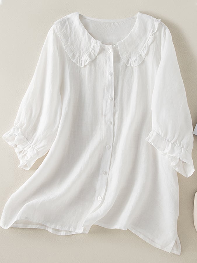 Women's lightweight ruffle collar blouse with button-front closure, elegant and feminine