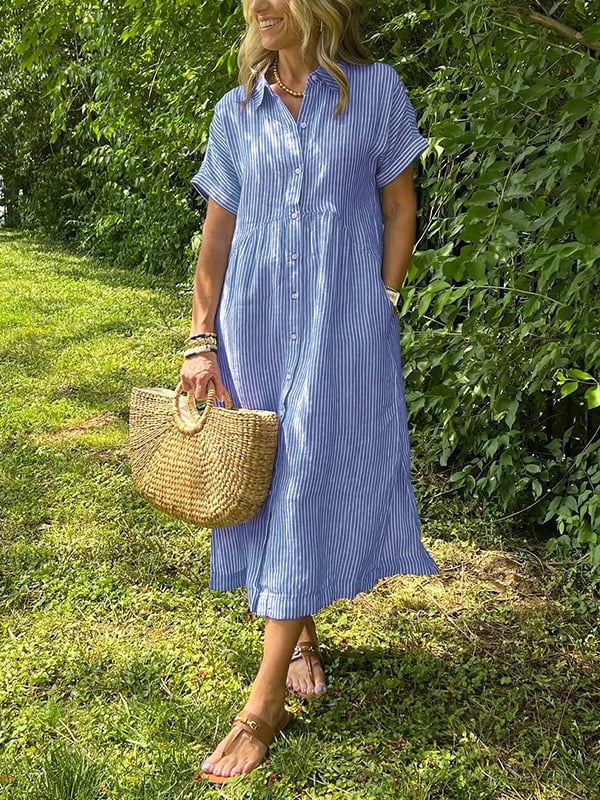Women's striped shirt dress button-down casual with pockets, loose fit