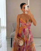 Women floral maxi dress open back with crossover front and thin straps