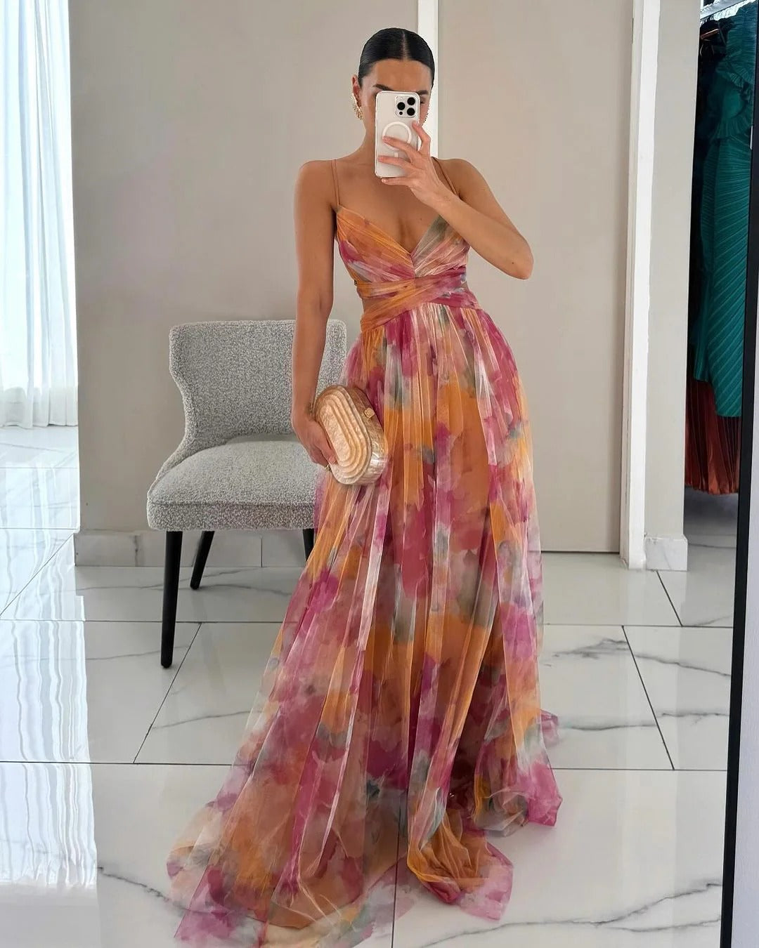 Women's floral maxi dress with adjustable back closure, sleeveless summer style