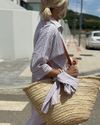Women's striped midi shirt dress with button front closure, relaxed casual summer fit