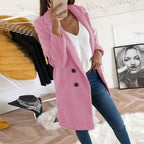 Women's long button-up coat with side pockets, elegant elongated silhouette
