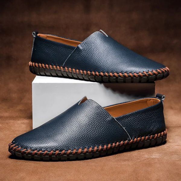 Men pebbled grain leather look slip on loafers with whipstitch sole detail