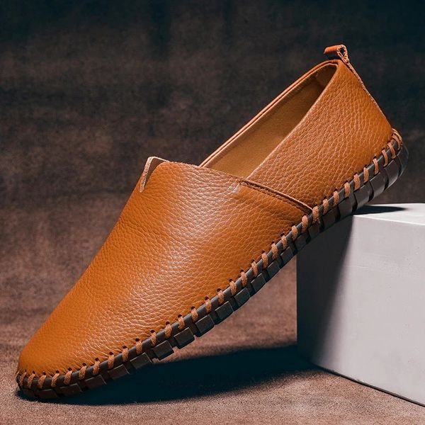 Men pebbled grain leather look slip on loafers with whipstitch sole detail