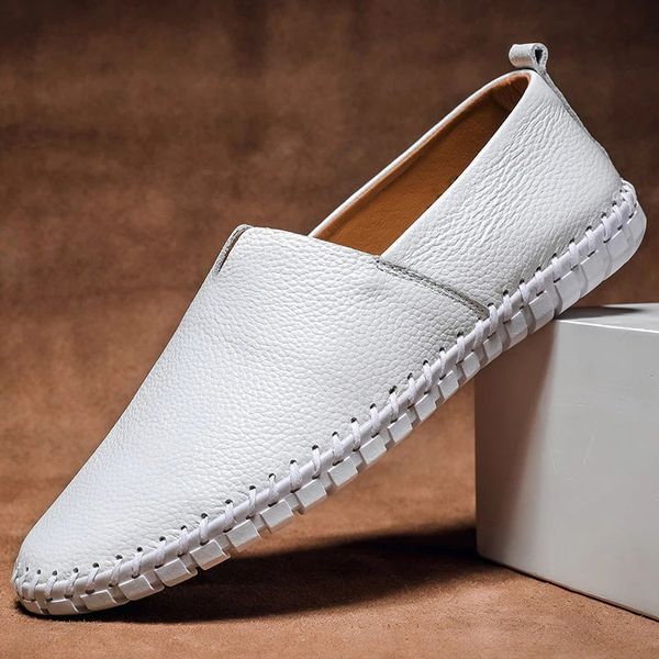 Men pebbled grain leather look slip on loafers with whipstitch sole detail