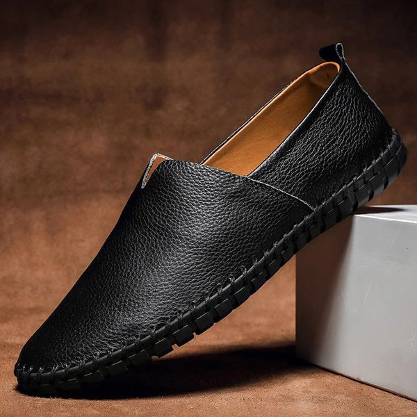 Men pebbled grain leather look slip on loafers with whipstitch sole detail