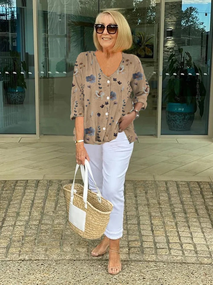 Women floral blouse V-neck three-quarter sleeves relaxed loose fit