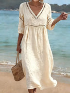 Women's soft-touch V-neck dress with side pockets, short sleeves, everyday casual wear
