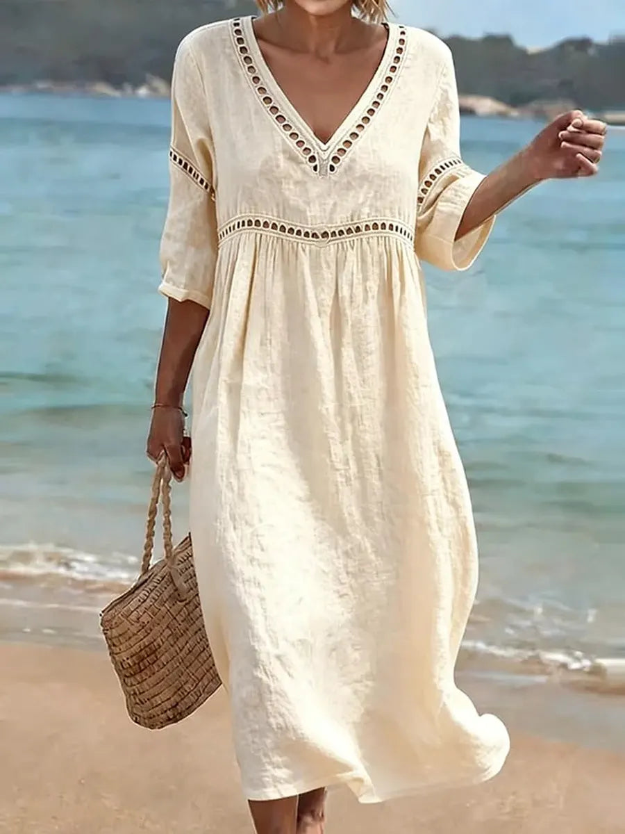 Women's soft-touch V-neck dress with side pockets, short sleeves, everyday casual wear