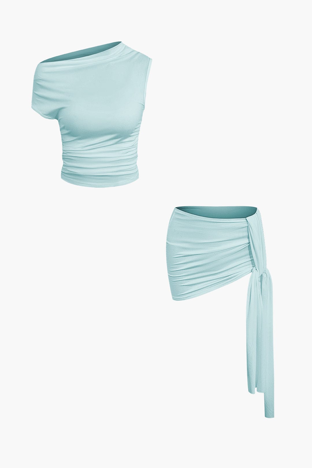 Women's two-piece set with one-shoulder top and draped mini skirt, asymmetric knot detail