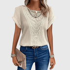 Women's openwork blouse short sleeve round neck loose fit, decorative perforated knit