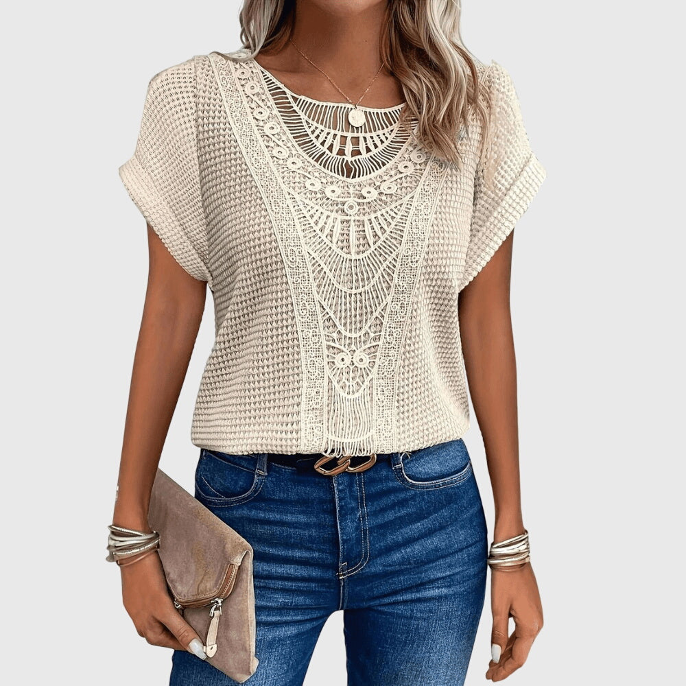 Women's openwork blouse short sleeve round neck loose fit, decorative perforated knit