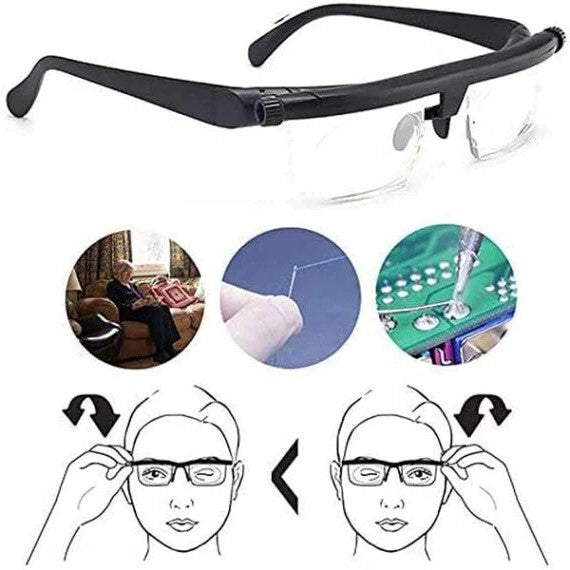 Adjustable focus glasses for near and far sight, no prescription needed, lightweight PC frame