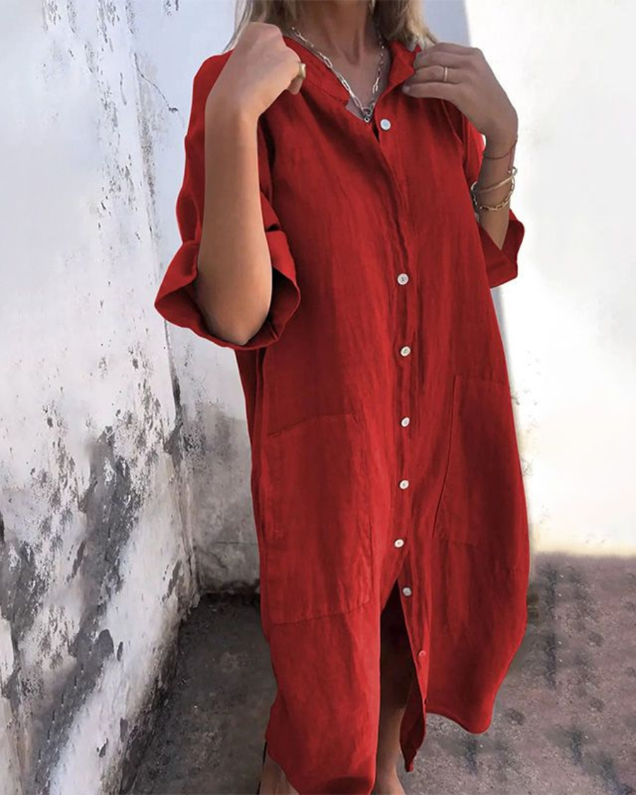 Women boho button down shirt dress relaxed fit with pockets