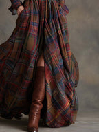 Women's shirt dress button-down plaid relaxed fit, available in reddish-brown, green, blue, black