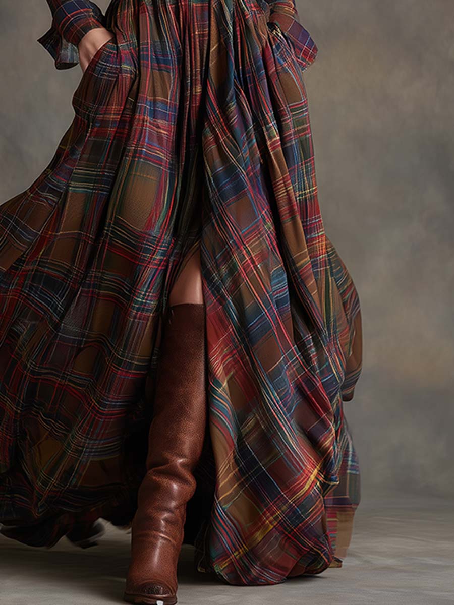 Women's shirt dress button-down plaid relaxed fit, available in reddish-brown, green, blue, black