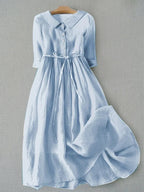 Women linen cotton midi dress minimalist silhouette in light blue orange white