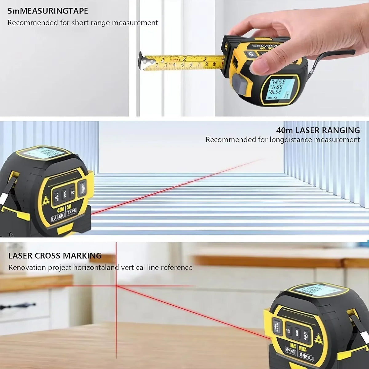 3-in-1 laser tape measure 60M range with digital display and cross laser