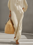 Linen Dress Women Maxi Oatmeal Relaxed Fit Mandarin Collar Casual