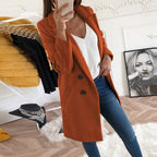 Women's long button-up coat with side pockets, elegant elongated silhouette