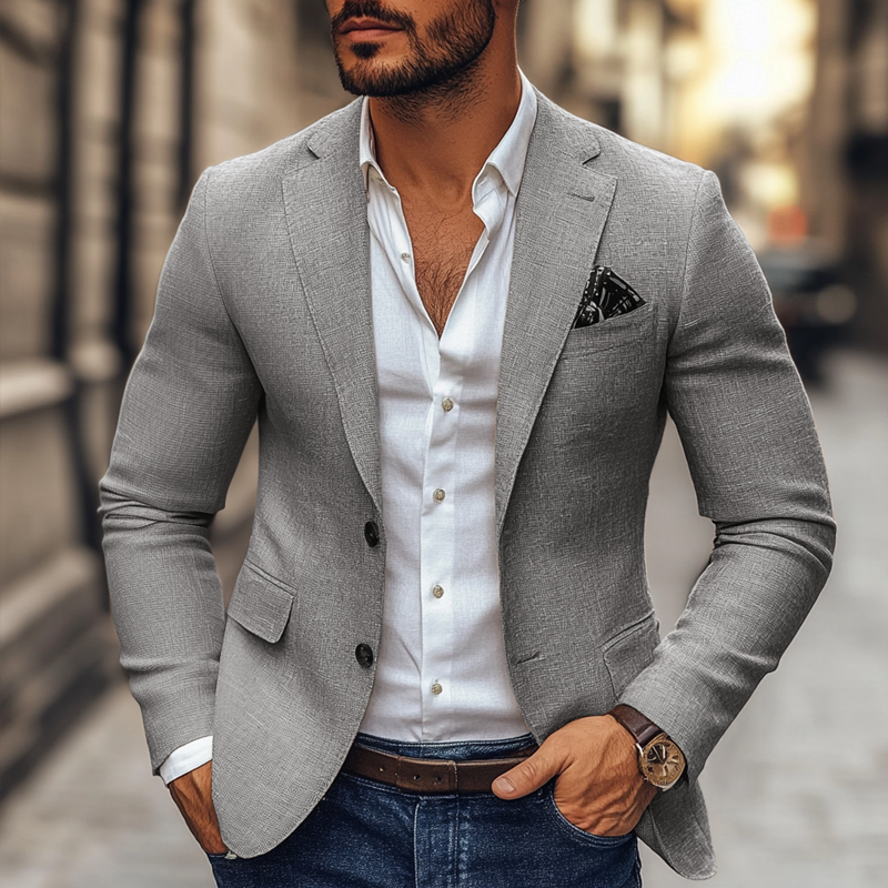 Men's slim fit two button blazer with notch lapel in Brown, Grey and Dark Blue