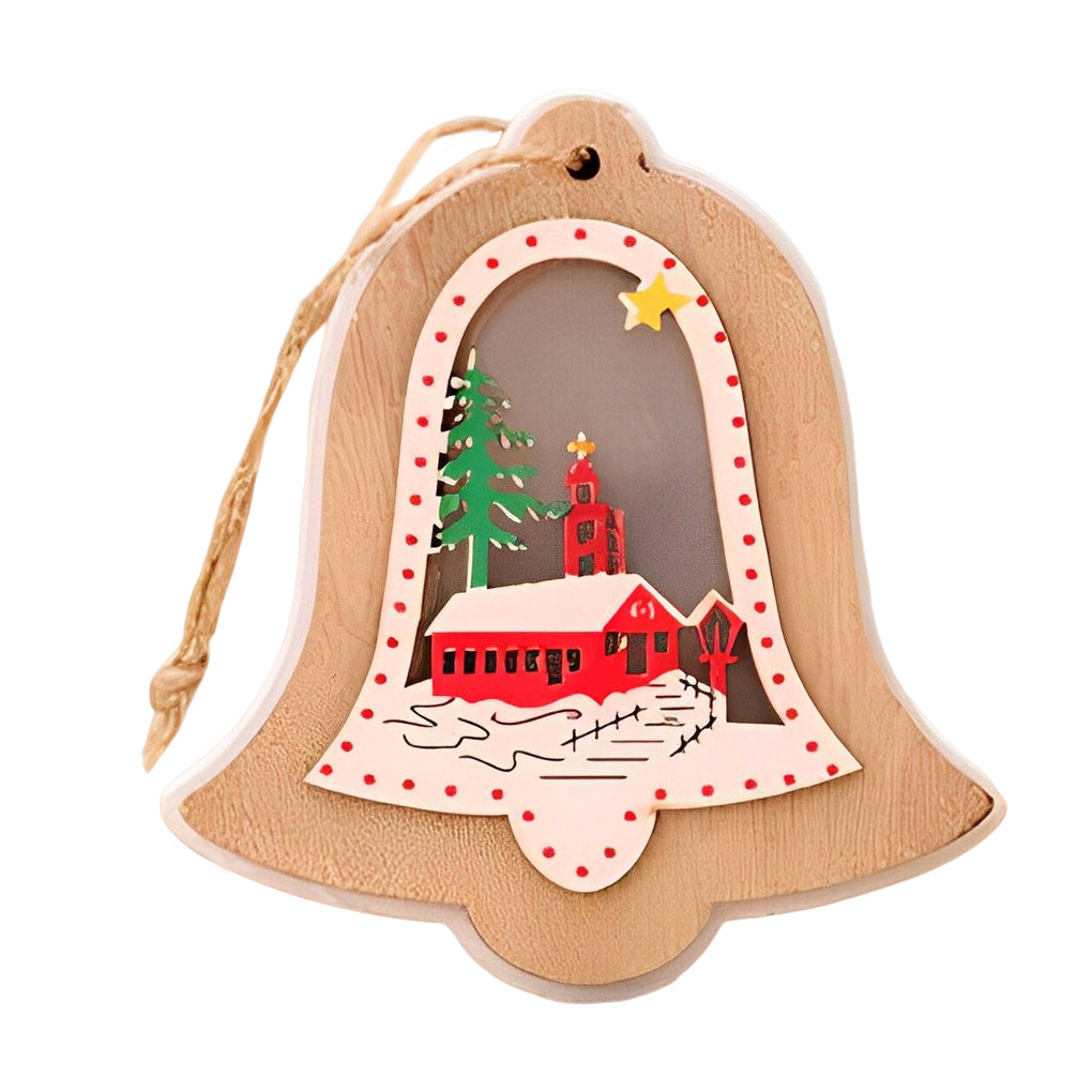 Wooden Christmas ornaments set of 2, modern natural wood, bell star tree gift shapes
