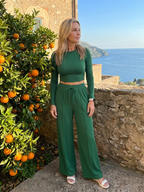 Women 2 piece long sleeve crew neck crop top wide leg pants set