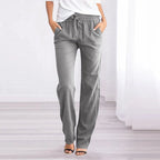 Women cotton linen trousers relaxed fit with elastic waist