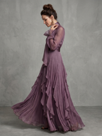 Women tie neck ruffle tiered maxi dress long sleeve purple flowing