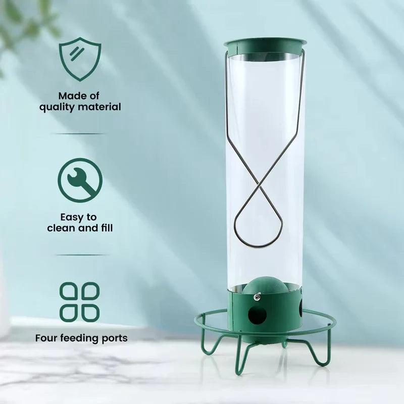 Squirrel proof bird feeder with rotating perch, 4 feeding ports and heavy-duty metal construction