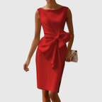 Women sleeveless midi dress with sculpted side bow and asymmetrical drape