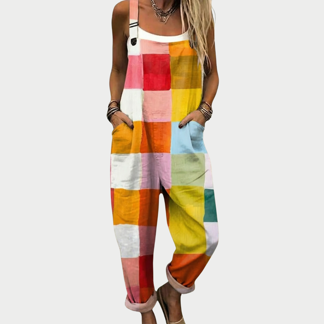 Women checkered patchwork wide leg jumpsuit multicoloured relaxed fit