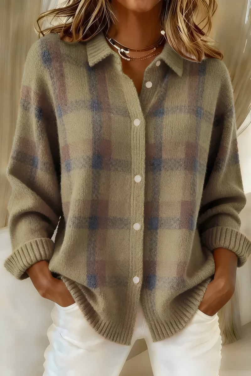 Women soft knit plaid cardigan relaxed fit retro style