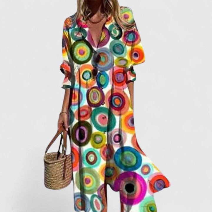 Women's boho dress in bold colors, floral midi style for all occasions