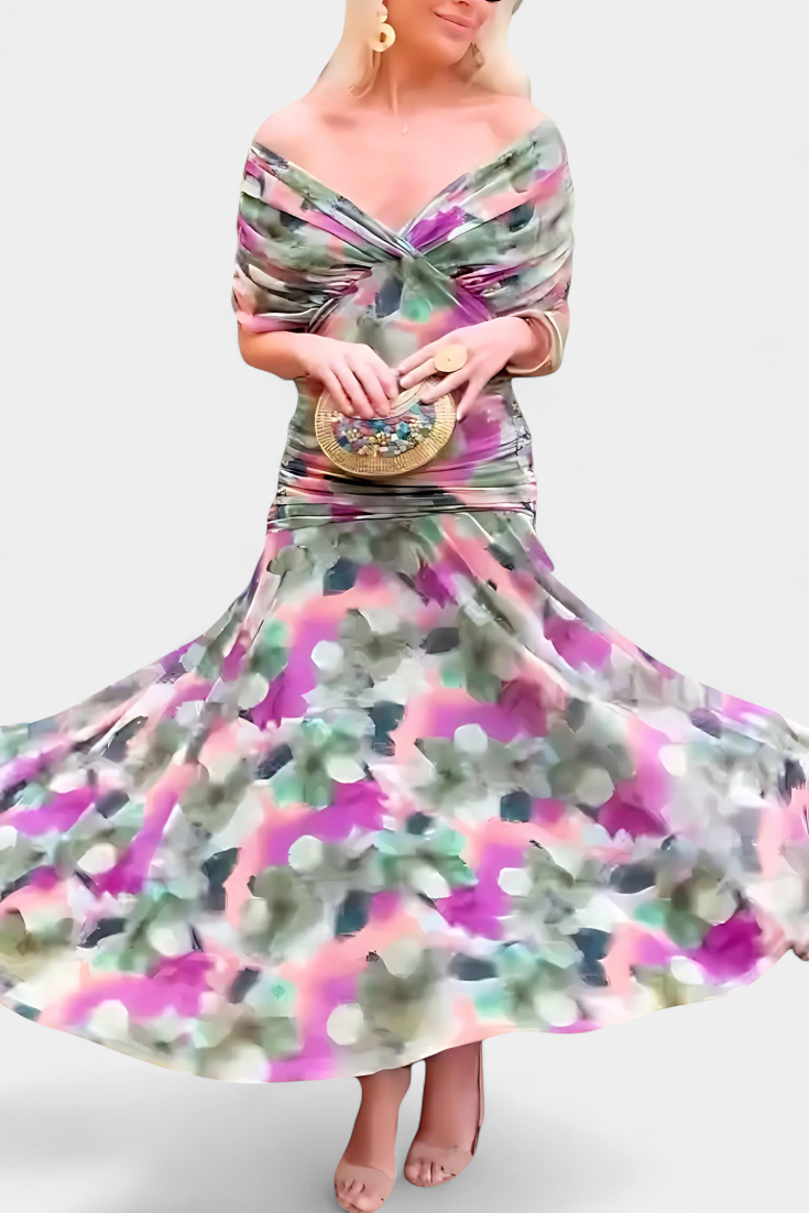 Women's floral midi dress with V-neckline and pleated waist, elegant long flowing skirt
