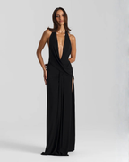 Halter neck backless maxi dress with high side slit, flowing silhouette for evening events