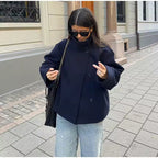 Women's short double-breasted coat in black, navy, beige and dark grey, classic fit